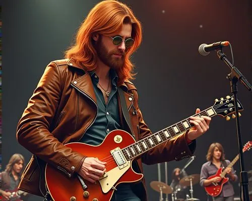 Un hombre alto, de unos 20 años de edad, cabellos largos y lisos de color rojizo, barba, chaqueta de cuero estilo años 1970 y con lentes de aviador, toca la guitarra en frente del público. Él está toc