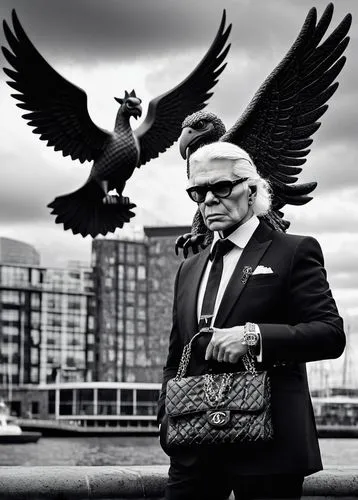 Couture designer, Karl Lagerfeld, Liverpool, mature man, white hair, black glasses, black suit, white shirt, black tie, luxury watch, holding a Chanel handbag, standing in front of a Liver Bird statue