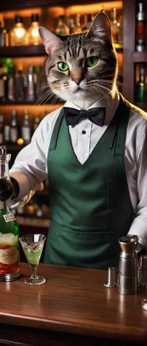 Whimsical cat, bartender, standing, anthropomorphic, green eyes, white shirt, black bow tie, apron with cat pattern, mixing cocktail, holding shaker, pouring drink, dimly lit bar, wooden counter, bott