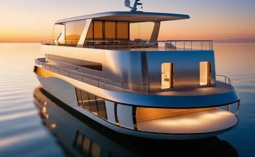 the sleek lines and metallic bodies of a modern yacht are illuminated in the soft glow of a sunset. The yacht is yacht powered by sleek beams, with a view of the calm water around it as the hull sails