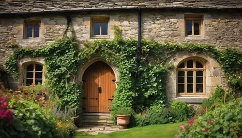 Medieval Croft architecture, stone walls, rustic wooden doors, ivy-covered facades, steeply pitched roofs, chimney pots, ornate windows, flower-filled window boxes, lush greenery, overgrown vines, Eng