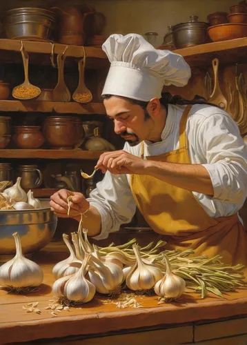 Describe the aroma and flavor profile of cloves of garlic in a traditional Italian kitchen.,sicilian cuisine,cookery,chef,aligot,men chef,artisan,marroni,italian painter,dwarf cookin,parmigiano-reggia