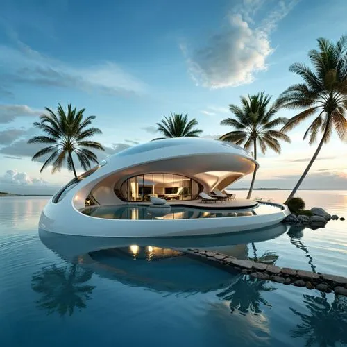 a unique floating house built on the edge of a large lake at sunset,futuristic architecture,floating island,pool house,holiday villa,infinity swimming pool,floating huts,Photography,General,Realistic