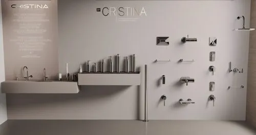 sanitary display wall in showroom for a high-end Italian brand called CRISTINA.
products on display are mostly showers mixers, basin mixers and some others, it's a Modern style for the design.
on the 