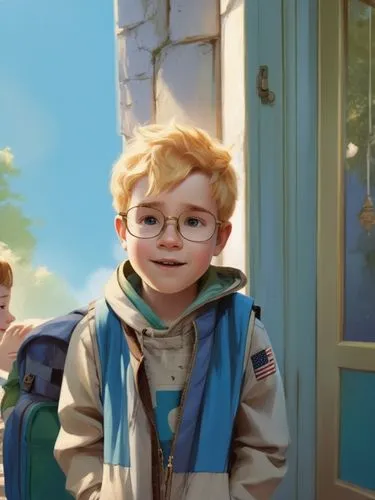 a 4 years old boy with blond hear,the boy is wearing glasses and a scarf,junimist,syndrome,pixar,maclachlan,child's frame,elio,Illustration,Vector,Vector 08