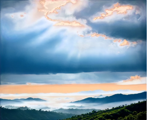 Cloudy sky, cumulus clouds, blue atmosphere, sunny rays peeking through gaps, gentle breeze, light fog, misty morning, 3/4 composition, soft focus, warm color tone, cinematic lighting, solo, serene, p