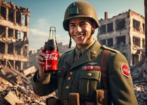 Coca Cola advertisement, World War II era, 1940s soldier, muscular man, military uniform, helmet, holding Coca Cola bottle, smiling, standing in front of a destroyed building, war-torn cityscape, Euro