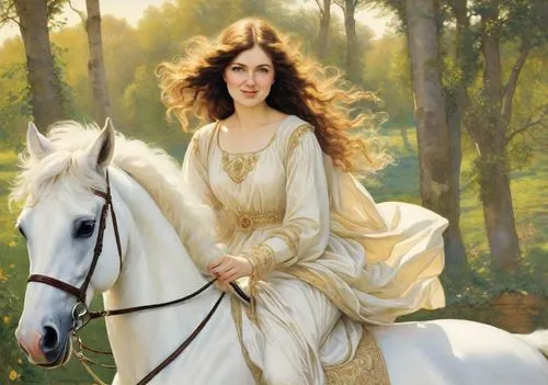 a white horse,white horse,horseback,andalusians,equestrian,horse herder,joan of arc,horseback riding,arabian horse,equestrianism,vanity fair,bougereau,girl in a historic way,cross-country equestrianism,white lady,golden unicorn,fantasy portrait,bouguereau,fantasy woman,franz winterhalter,Digital Art,Classicism