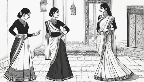 Write a story about a captivating half saree that brings luck to its wearer.,women clothes,ethnic design,women silhouettes,women's clothing,sari,tusche indian ink,indian art,east indian pattern,ladies