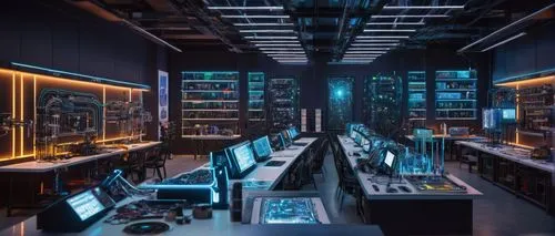 Stable diffusion model, futuristic laboratory, sci-fi setting, sleek metal tables, rows of humming servers, neon lights reflecting off polished surfaces, intricate circuit boards, wires tangled like v