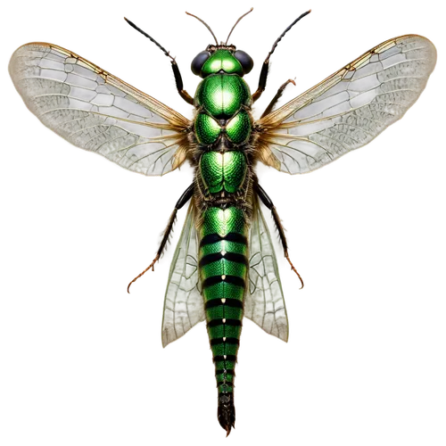 Dobsonfly, insect, green metallic body, large compound eyes, transparent wings, long slender abdomen, delicate legs, perched, frontal view, high-angle shot, warm natural light, soft focus, bokeh backg