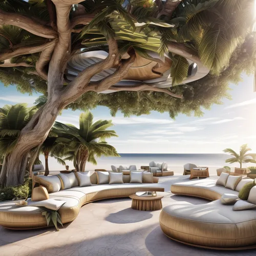 beach furniture,dream beach,beach resort,outdoor furniture,beach landscape,club med,raised beach,3d rendering,delight island,tropical house,resort,tropical island,paradise beach,tropical beach,patio furniture,coconut trees,coconut palms,holiday villa,sandpiper bay,beach view