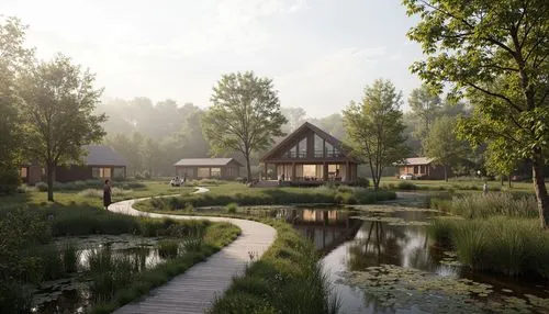 3d rendering,riverwood,ecovillage,renderings,render,streamwood,ecovillages,cabins,lodges,treehouses,summer cottage,netherwood,house in the forest,longhouses,floating huts,watermill,chalet,forest house,riftwar,house with lake