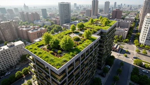 Urban skyscraper, lush green roofs, verdant vegetation, eco-friendly design, sustainable architecture, modern cityscape, bustling streets, vibrant urban life, natural habitats, biodiversity conservati