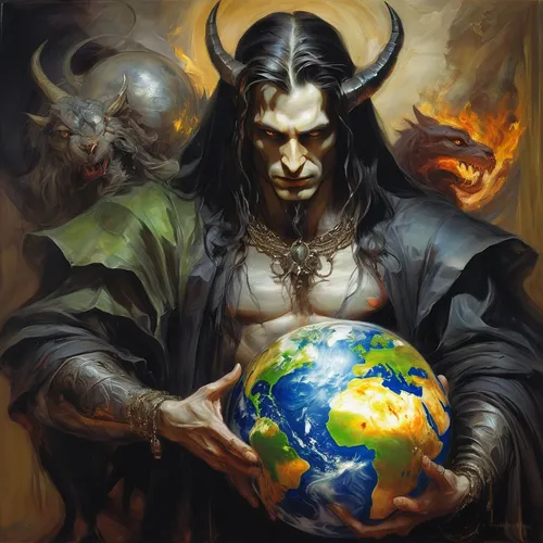 death god,copernican world system,daemon,terrestrial globe,heroic fantasy,world downsydnrom day,pagan,lord who rings,the grave in the earth,burning earth,diablo,geocentric,lokportrait,fantasy art,lucifer,northern hemisphere,deity,paganism,the world,benediction of god the father,Illustration,Paper based,Paper Based 11