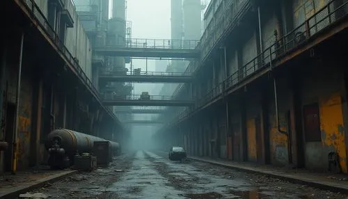 Industrial area, factory complex, abandoned warehouse, rusty metal, concrete walls, steel beams, dimly lit, foggy atmosphere, misty morning, industrial pipes, valves, machinery, control panels, catwal