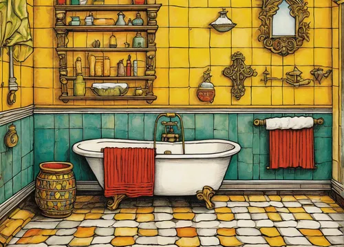 spanish tile,yellow wallpaper,tile kitchen,ceramic tile,bathroom,tiles,almond tiles,ceramic floor tile,washroom,luxury bathroom,washbasin,terracotta tiles,vintage kitchen,tile,tiled wall,the little girl's room,rest room,tiles shapes,wash basin,vincent van gough,Art,Classical Oil Painting,Classical Oil Painting 28