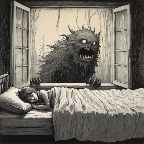 bad dream,charcoal nest,sleep thorn,child monster,nightmare,insomnia,my neighbor totoro,alarm clock,wolfman,hibernation,bedtime,sleep,sci fiction illustration,book illustration,comforter,krampus,halloween illustration,monsters,sleeping room,worry-eater,Conceptual Art,Oil color,Oil Color 10