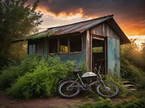 outbuilding,garden shed,sheds,wooden hut,mountain bike,mountainbike,shed,mountain biking,woodshed,disused,old barn,old bike,sustrans,boat shed,fisherman's hut,abandoned place,bicycle,dacha,farm hut,bicycle ride,Conceptual Art,Oil color,Oil Color 06