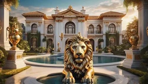 lion fountain,king of the jungle,europe palace,mansion,kingdom,royal tiger,water palace,luxury property,palace,leo,world digital painting,gold castle,venetian hotel,lion capital,venetian,lion,the palace,fantasy picture,marble palace,vittoriano,Illustration,Black and White,Black and White 07