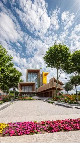 flower garden in front of building,chrysanthemum exhibition,kansai university,namsan hanok village,hongdan center,performing arts center,otaru aquarium,buddhist temple,hyang garden,universiti malaysia