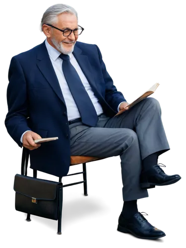 Older man, mature, grey hair, beard, glasses, wrinkled face, smile, suit, white shirt, tie, black trousers, leather shoes, sitting, reading book, warm lighting, soft focus, shallow depth of field, 3/4