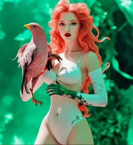 a beautiful redheaded girl holding a bird on her shoulder,amazona,hyuna,tropico,exotic bird,ariel,burlesques