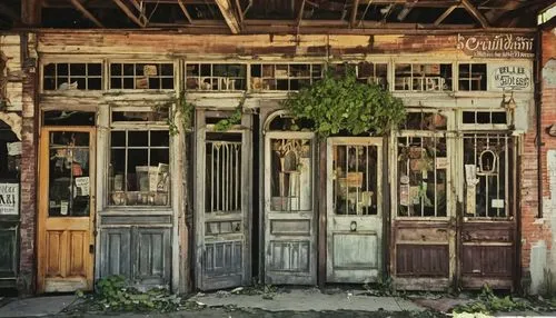 Schiller's Architectural Salvage, abandoned vintage store, rusty gates, old lanterns, distressed wooden signs, crumbling brick walls, overgrown with ivy, broken windows, scattered antique items, vinta