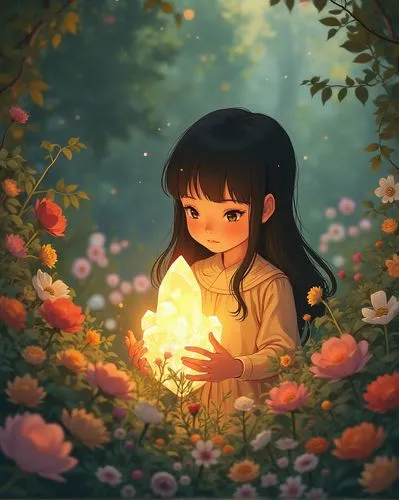 In a Ghibli-inspired style, a young girl with a sense of wonder gently touches a shimmering crystal cluster. The cluster is surrounded by vibrant, colorful flowers, creating a striking contrast. The s