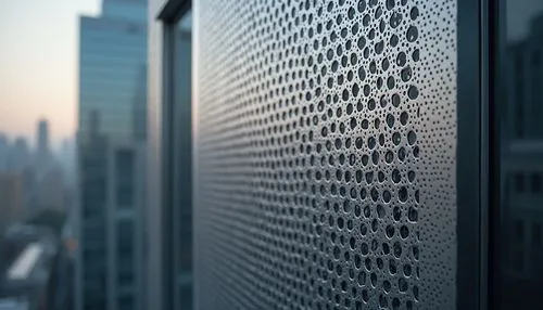 Modern perforated metal, industrial chic, silver-gray tone, intricate holes pattern, metallic sheen, sleek texture, urban setting, cityscape background, skyscraper, minimalist composition, low-angle s