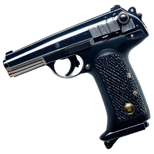 Gun, pistol, metallic material, chrome finish, detailed trigger, grip texture, smoke effect, muzzle flash, bullet shell ejection, dynamic pose, shooting action, close-up shot, shallow depth of field, 