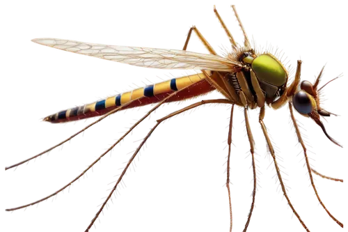 Mosquito, microscopic view, tiny wings, compound eyes, long proboscis, delicate legs, slender body, metallic exoskeleton, iridescent scales, transparent wings, detailed texture, high magnification, sh