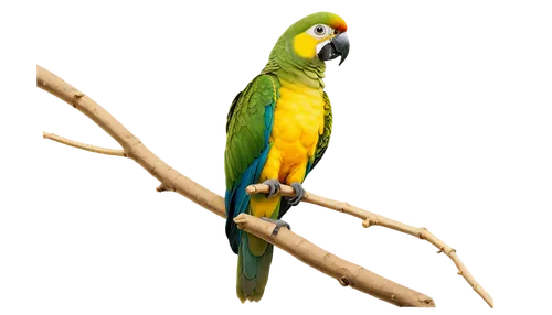 Exotic green parrot, close-up, vibrant plumage, bright green feathers, yellow belly, curved beak, big round eyes, perched on a branch, tropical atmosphere, soft natural light, shallow depth of field, 