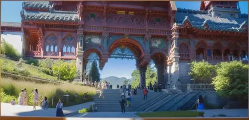 people are gathered under the building on a sunny day,frederic church,summer palace,rivendell,naboo,water palace,theed,Photography,General,Realistic