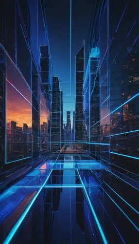 Modern skyscraper, cityscape, blue hour, low-angle shot, sleek lines, glass façade, metallic structure, neon lights, LED displays, 3/4 composition, shallow depth of field, atmospheric perspective, blu