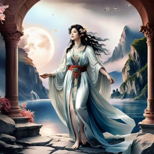 a beautiful young woman is in a blue kimono,fantasy picture,inara,kahlan,amphitrite,galadriel,ariadne,Illustration,Realistic Fantasy,Realistic Fantasy 01