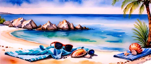 Pixie Bay, serene tropical scenery, turquoise water, soft white sand, palm trees swaying gently, seashells scattered, beach towels lying, sunglasses, sunscreen lotion, warm sunlight, 3/4 composition, 