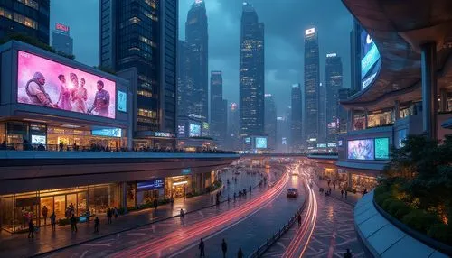 Vibrant commercial district, sleek skyscrapers, futuristic architecture, metallic fa\u00e7ades, LED light installations, giant video screens, neon signs, bustling streets, pedestrian zones, urban land