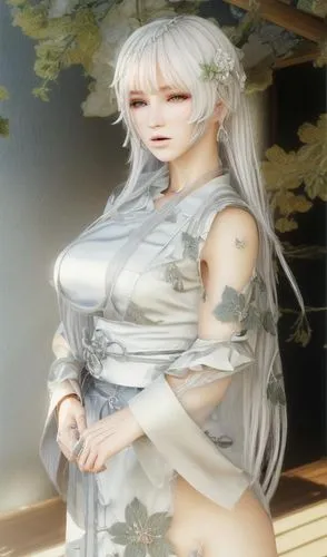 white blossom,pale,silver wedding,ao dai,bridal clothing,gray color,white lady,kado,female doll,rusalka,bridal,mukimono,oriental princess,silver,ginko,bridal veil,realdoll,japanese doll,japanese art,junshan yinzhen