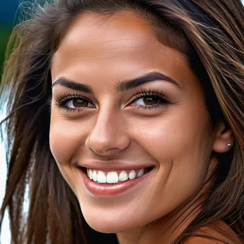 criar uma mulher, pele branca bronzeada, lábios volumosos, rosto harmônico, dentes bem alinhados, sorriso, cílios volumosos, olhar expressivo, foto realista sem retoques, cabelos levemente ondulados, 