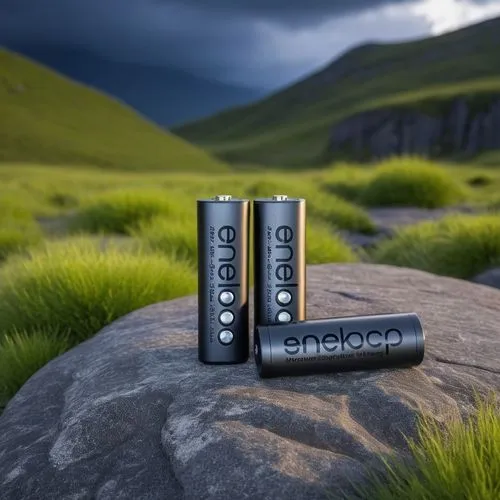 a battery in a lay down on the on the realistic crack stone full of dark algae with dark sky and lightning on the background

,two batteries sitting on a rock outside in a field,rechargeable batteries