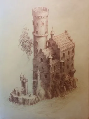 Castle with pretty nymphs floating around it.,ghost castle,vintage drawing,diterlizzi,knight's castle,medieval castle,haunted castle,peter-pavel's fortress,fairy chimney,castle of the corvin,sand cast