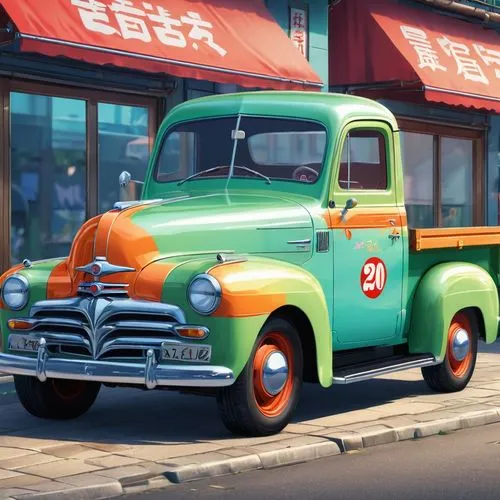 retro vehicle,cartoon car,austin truck,ford truck,delivery truck,food truck,Illustration,Japanese style,Japanese Style 03