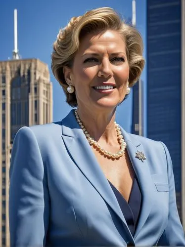 Mature lady, Chicago First Lady, elegant hairstyle, pearl necklace, business suit, high heels, holding microphone, standing, architectural landmark, Willis Tower, Chicago Theatre, Navy Pier, Groupon l