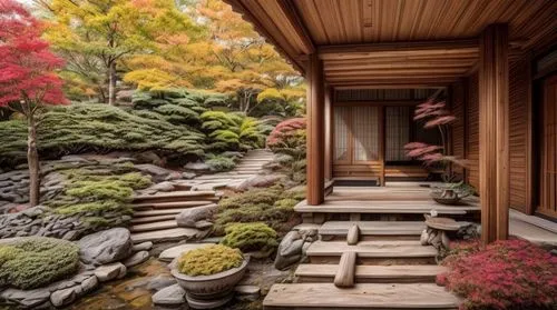 Japanese-style building, the sliding door is open, there are rich Japanese-style garden furnishings outside the door, it is raining outside,japan garden,autumn in japan,japanese-style room,ryokan,japa