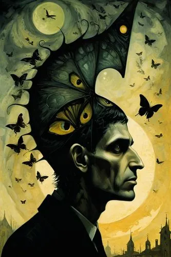 nocturnal bird,surrealism,clockmaker,dali,dark art,black crow,yellow eyes,daemon,occult,el salvador dali,mysticism,equilibrium,two face,surrealistic,murder of crows,lucifer,psychosis,deaths head hawk-moth,shamanism,sci fiction illustration,Illustration,Realistic Fantasy,Realistic Fantasy 29