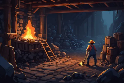 adventure game,wooden mockup,game illustration,chasm,mine shaft,monkey island,cave tour,miner,lava cave,gold mining,pit cave,campfires,mining facility,cave,dungeon,forge,mining,caving,blacksmith,action-adventure game,Conceptual Art,Oil color,Oil Color 13