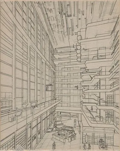 pencil drawing of a hallway in a building,bobst,bunshaft,unbuilt,casgrain,atriums,longaberger,Design Sketch,Design Sketch,Blueprint