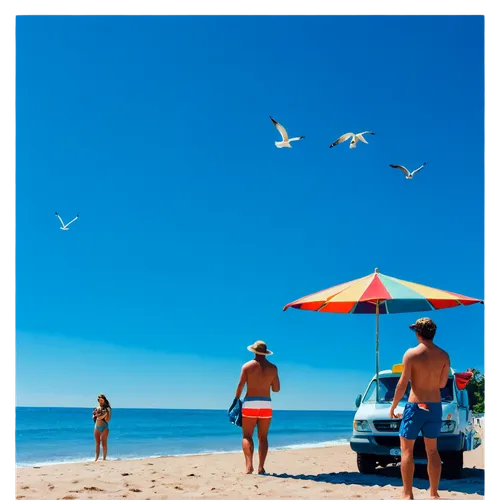 Beach scene, summer vibes, sunny day, clear blue sky, seagulls flying overhead, people playing in the background, surfboard, beach volleyball, ice cream truck, colorful towels, sunglasses, floppy hat,