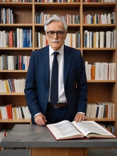 Modern university campus, dissertation defense scene, serious mature professor, bespectacled, gray hair, navy blue suit, white shirt, black tie, holding a folder, standing near a wooden podium, surrou